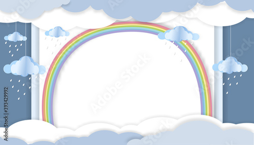 Vector illustration for baby boy shower card with rainbow, raining and clouds hanging on blue background, Cute paper cut with copy space for baby's photos, Greeting card for new born
