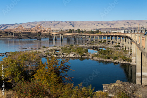 The Dallas Bridge in Oregon. This bridge connects States of Oregon and Washington. View from Oregonian river bank