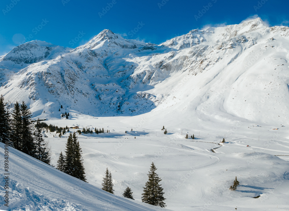 Winter landscape with views of the Alps in the winter sports region Bad Gastein, Austrian Alps. Ski area Sport Gastein