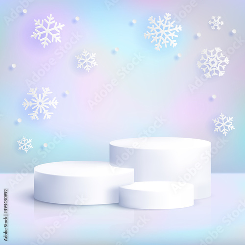 Realistic white podium on iridescent background with snowflakes. Winter christmas pastel scene with blank cylinder pedestal for product show. Luxury platform vector mockup
