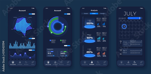 Mobile app infographic template with modern design weekly and annual statistics graphs. Pie charts, workflow, web design, UI elements. Easy to edit. Calendar, round diagrams and schemas, web interface