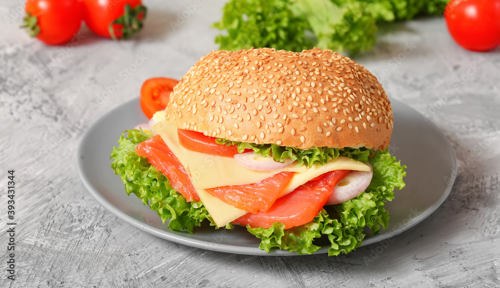 Fish burger on a plate vegan breakfast on white Fish burger on a plate vegan breakfast on white