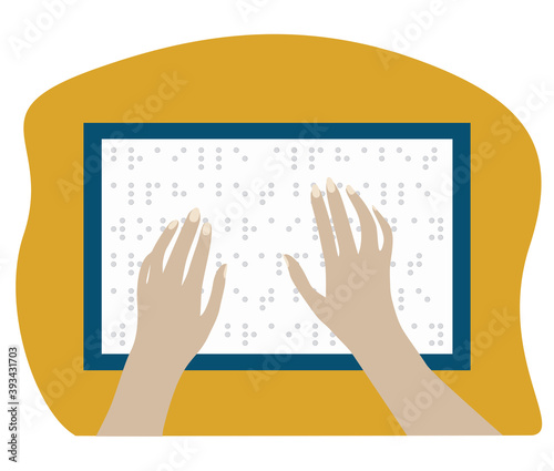 Blind woman read book written in Braille. Hands tracing the pages. Isolated vector illustration. World Braille Day