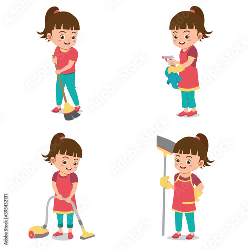 Set of Happy Kids doing housekeeping
