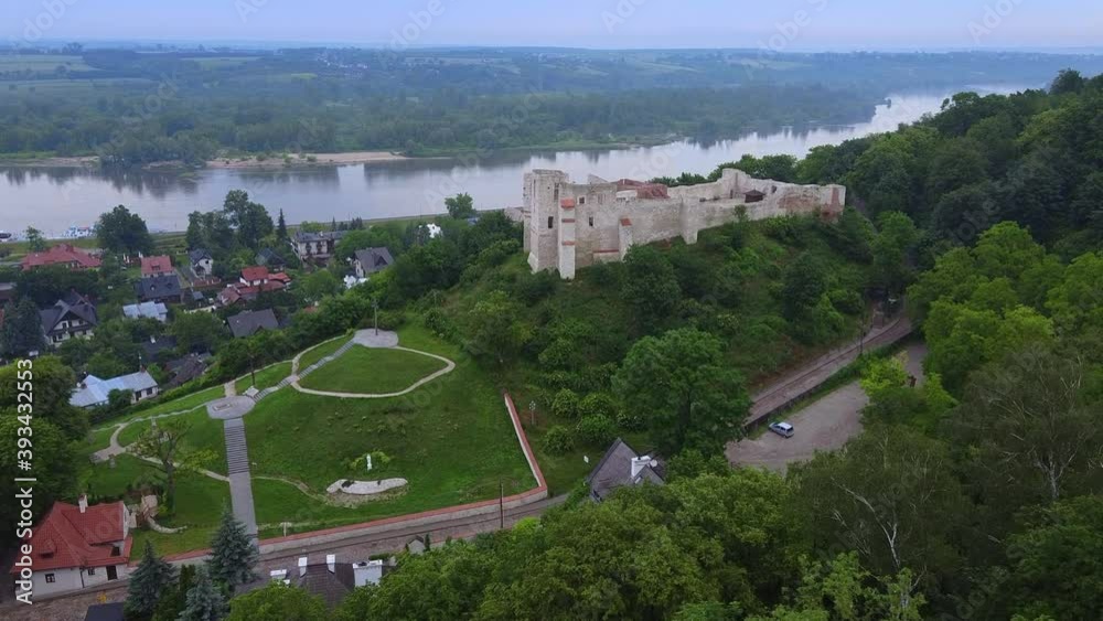 Aerial panorama of Kazimierz Dolny historical building and the river in Poland. Beautiful scenery in cloudy weather Aerial panorama of Kazimierz Dolny historical building and the river in Poland. Beautiful scenery in cloudy weather