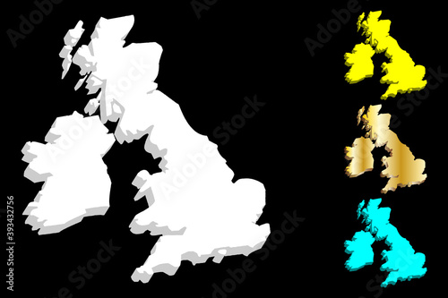 3D map of British Isles (United Kingdom of Great Britain and Northern Ireland, Republic of Ireland) - white, yellow, blue and gold - vector illustration