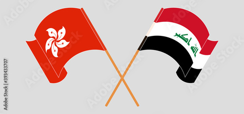 Crossed and waving flags of Iraq and Hong Kong