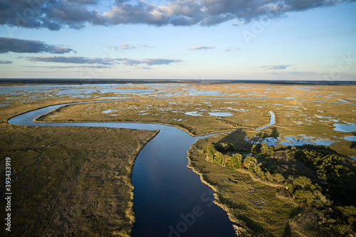 USA, Maryland, Drone view of marshes along Blackwater River at dusk