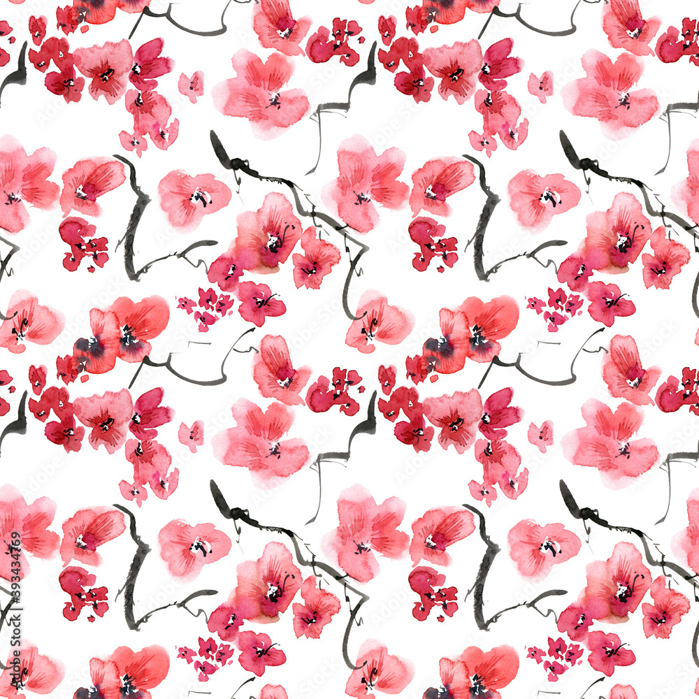 Watercolor and ink illustration of blossom sakura tree with flowers and buds. Oriental traditional painting in style sumi-e, u-sin and gohua. Seamless pattern. Watercolor and ink illustration of blossom sakura tree with flowers and buds. Oriental traditional painting in style sumi-e, u-sin and gohua. Seamless pattern.