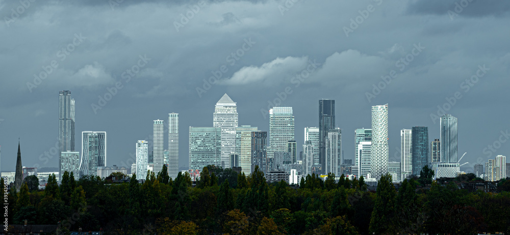 Canary Wharf Skyline and Trees Under Dark Cloud Looking North 