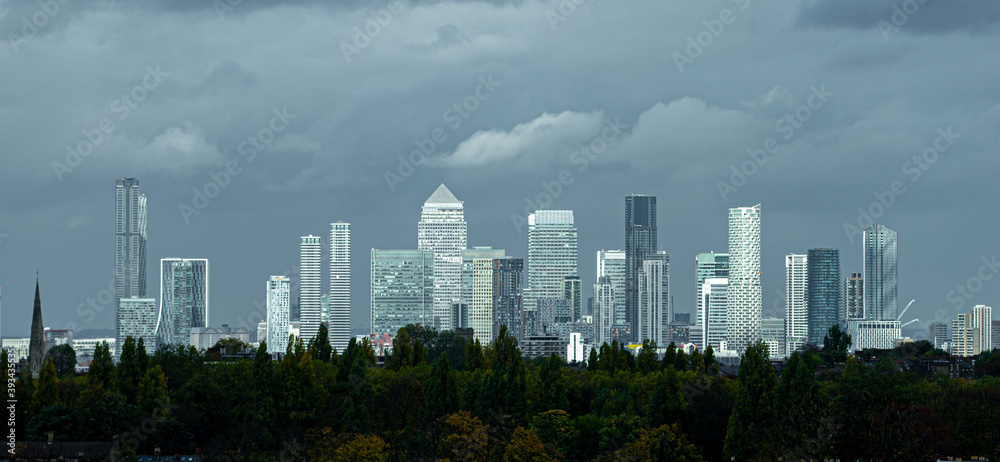 Obraz premium Canary Wharf Skyline and Trees Under Dark Cloud Looking North 
