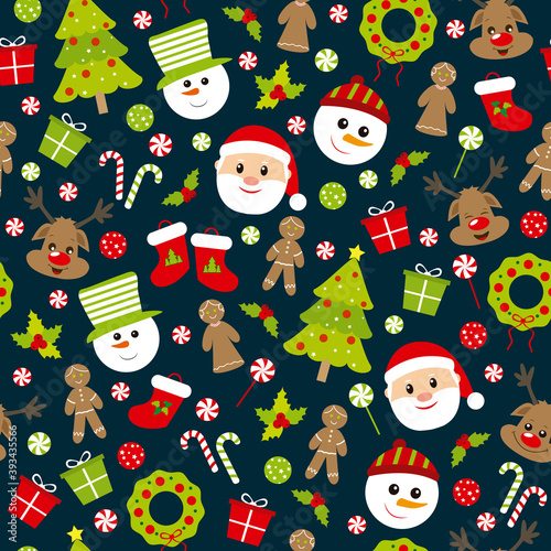 Christmas seamless pattern with Santa Claus, reindeer, Christmas tree, Christmas wreath, snowman, lollipop and candy cane.  It can be used for wallpapers, wrapping, cards, patterns for clothes.