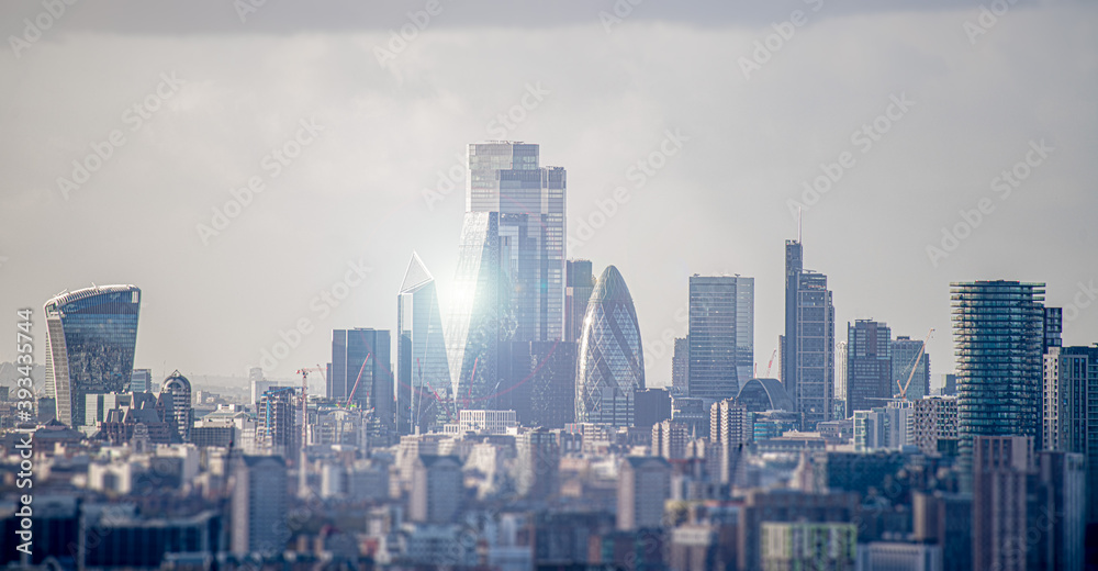 City of London Skyline with Sun Flare Looking West Early Evening