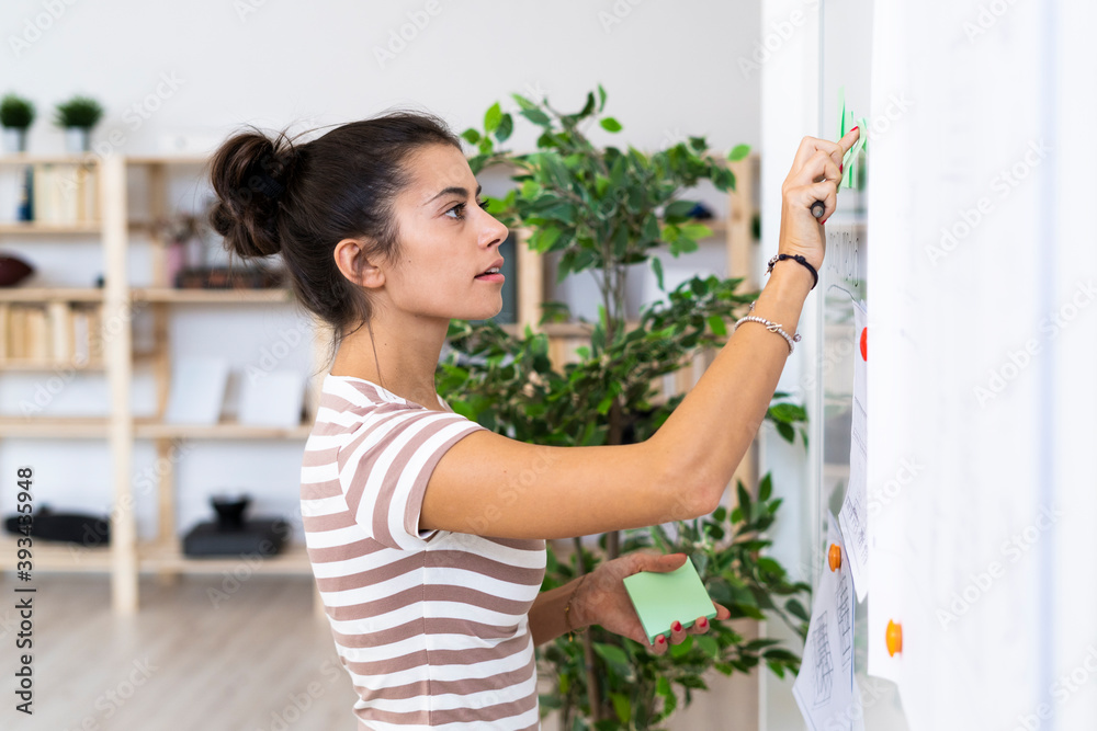 Young female design professional touching whiteboard while working at office Young female design professional touching whiteboard while working at office