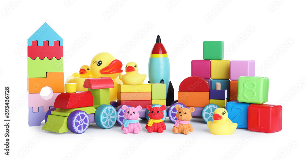 Set of different toys on white background
