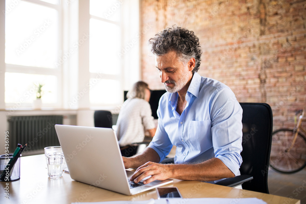 Businessman using laptop in office with colleague in background Businessman using laptop in office with colleague in background
