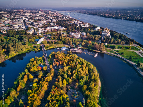 Aerial view of park at Strelka with Assumption Cathedral by Volga river in city, Yaroslavl, Russia photo