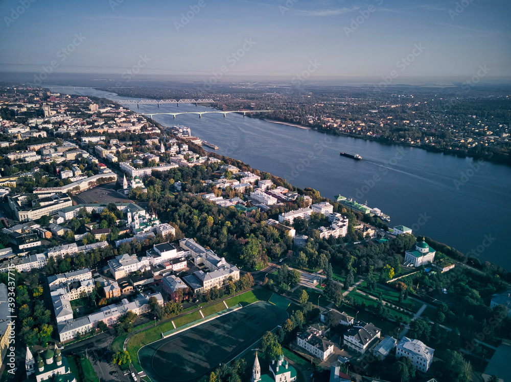 Aerial view of Volga River with bridges in Yaroslavl city against sky, Russia Aerial view of Volga River with bridges in Yaroslavl city against sky, Russia