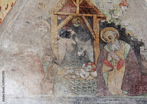 Natività; affresco nel presbiterio dell'antica parrocchiale dell'Assunta a Baselga di Pinè; Trentino