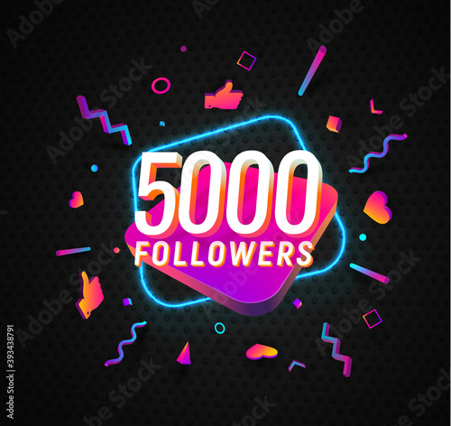 5000 followers celebration in social media vector web banner on dark background. Five thousand follows 3d Isolated design elements