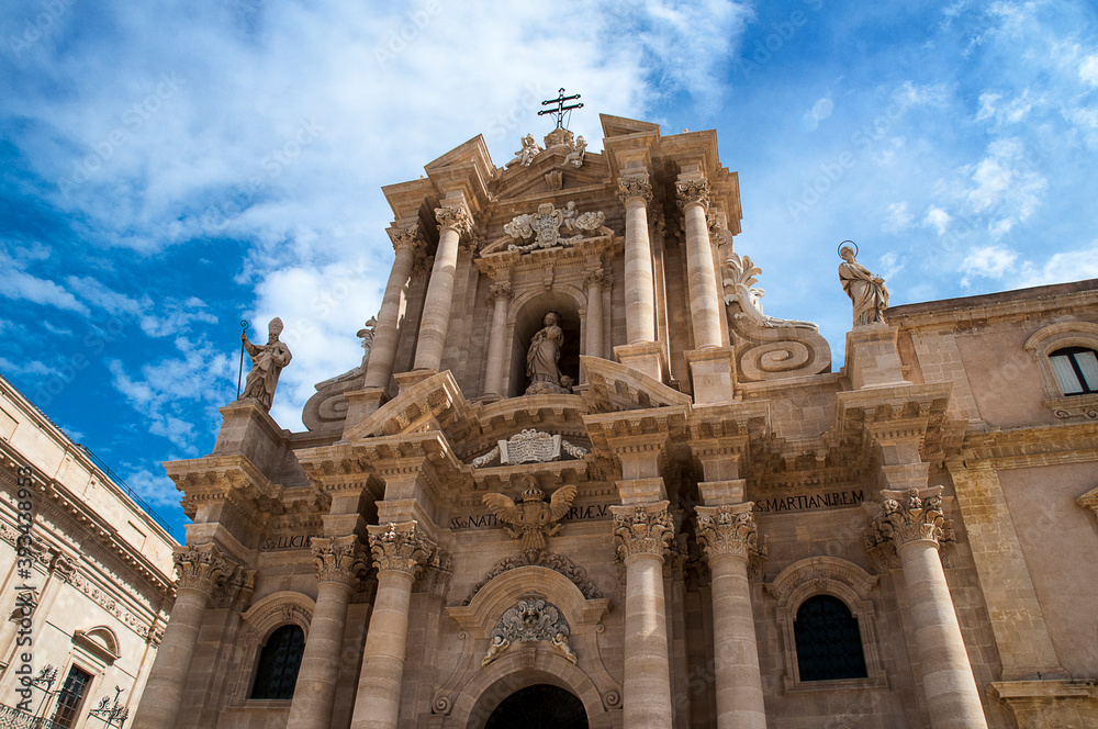 The Duomo or cathedral in Siracusa. The city is noted for its rich Greek history, culture, amphitheaters, architecture and association to Archimedes, playing an important role in ancient times 