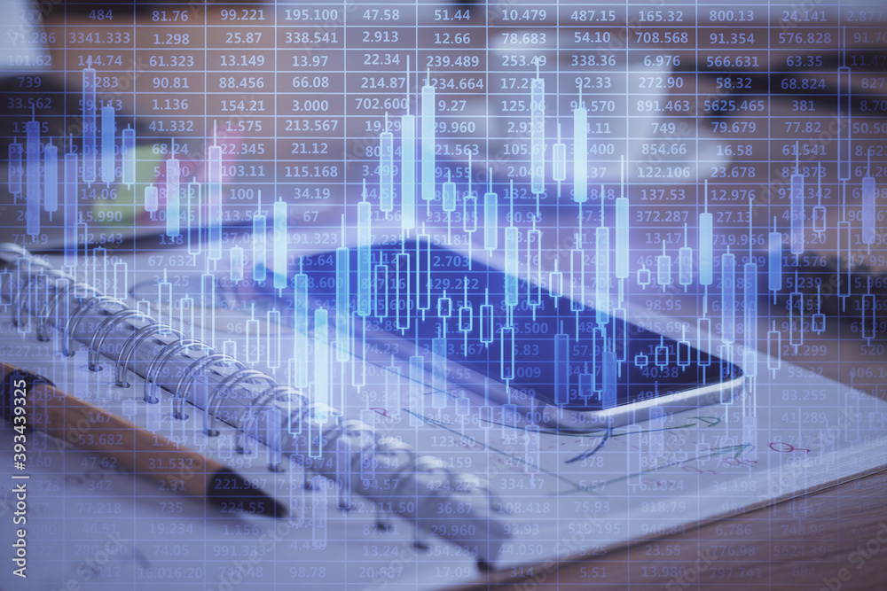 Double exposure of forex chart drawing and cell phone background. Concept of financial data analysis Double exposure of forex chart drawing and cell phone background. Concept of financial data analysis