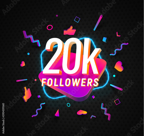 20k followers celebration in social media vector web banner on dark background. Twenty thousand follows 3d Isolated design elements