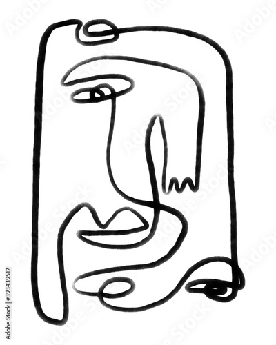Fotografie one line abstract face ink illustration black and white, minimalist continuous l