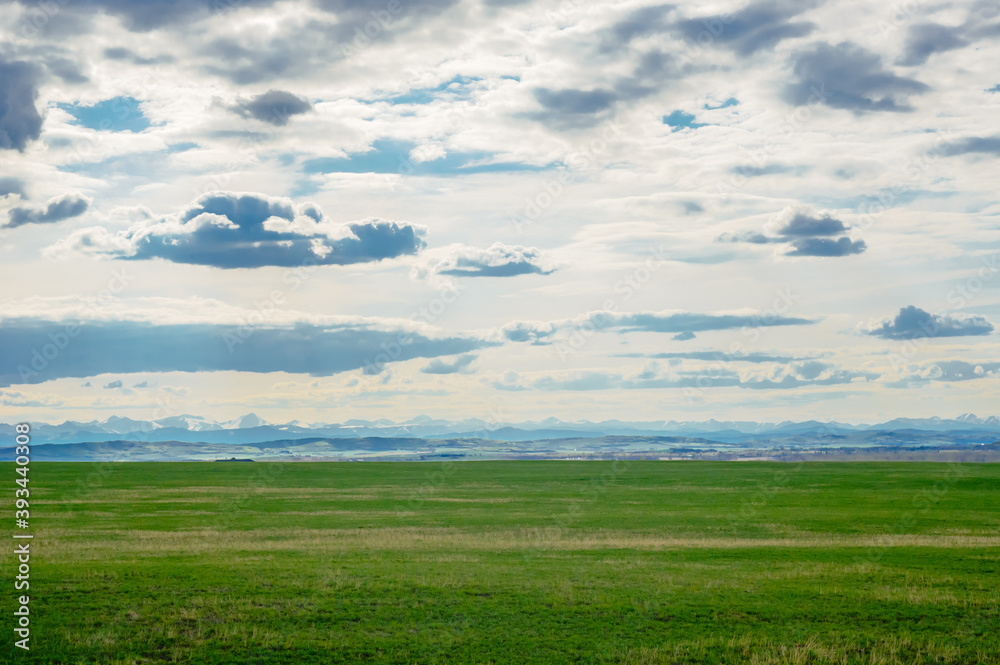 Prairie landscape with mountains in distance.