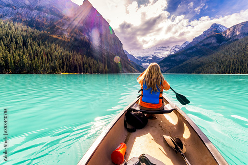 Canada, Alberta, Banff National Park, Canoeing on Lake Louise photo