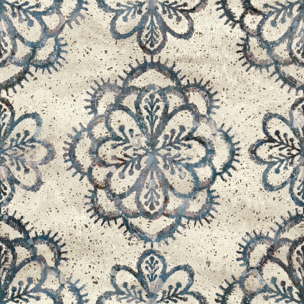 Seamless grungy tribal ethnic rug motif pattern. High quality illustration. Distressed old looking native style design in faded teal and cream colors. Old artisan textile seamless pattern.