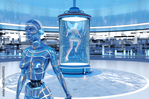 3D rendered Illustration of woman leaving her body behind and transferring her consciousness into gynoid in regeneration tank photo