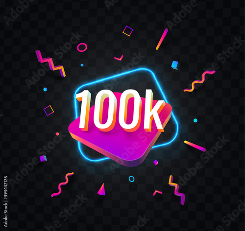 100k followers celebration in social media web banner on dark transparent background. Isolated vector design elements