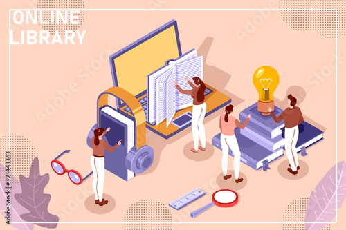 Online mobile library creative modern 3d flat design web isometric concept. Library shelf in smart phone tablet micro people on ladders reading put take off books. World knowledge in pocket.