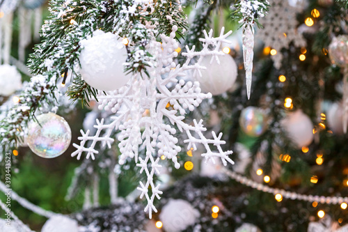 Outdoor Christmas tree with white Snowflakes and Decoration