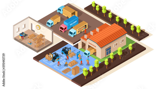 Isometric Warehouse. Detailed vector illustration in flat 3d style with workers, delivery cars, and other objects.