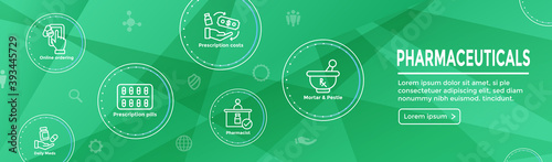 Pharmaceuticals and medications icon set w web header banner