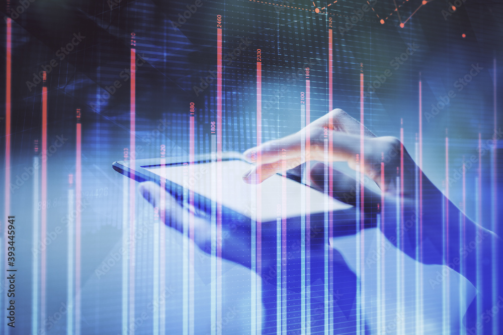 Double exposure of forex chart sketch hologram and woman holding and using a mobile device. Financial market concept. Double exposure of forex chart sketch hologram and woman holding and using a mobile device. Financial market concept.