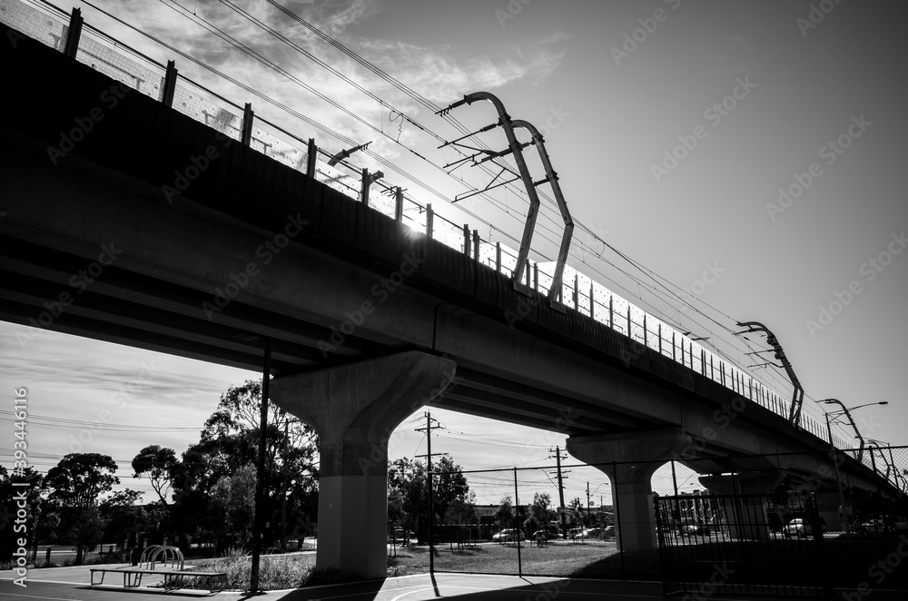 Black and white photo of a railway bridge