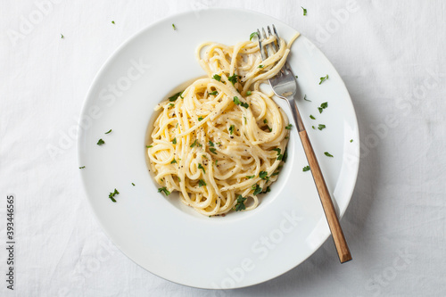 Plate of spaghetti withÔøΩfettuccine AlfredoÔøΩsauce photo