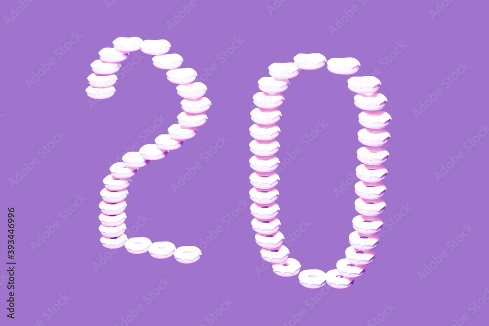 Number twenty 20 from pattern abstract white snow buns on colorful purple background. Copy space. Celebration. 3D Rendering illustration. Number twenty 20 from pattern abstract white snow buns on colorful purple background. Copy space. Celebration. 3D Rendering illustration.