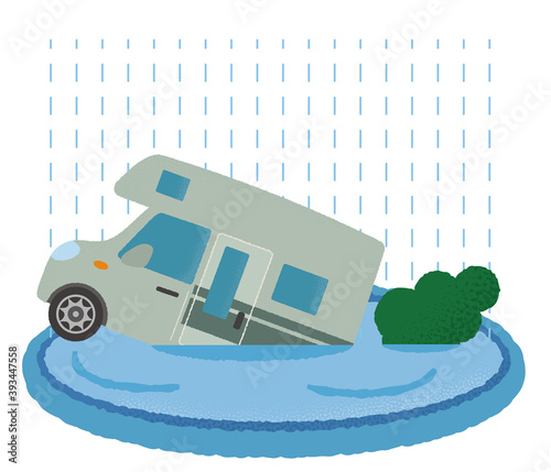 大雨の被害に遭うキャンピングカーのベクターイラスト