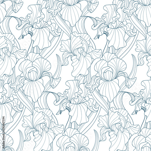 seamless pattern of flowers and leaves of monochrome irises in vintage style Art Nouveau and Art Deco. Exquisite botanical background. Hommage Victorian fabric design