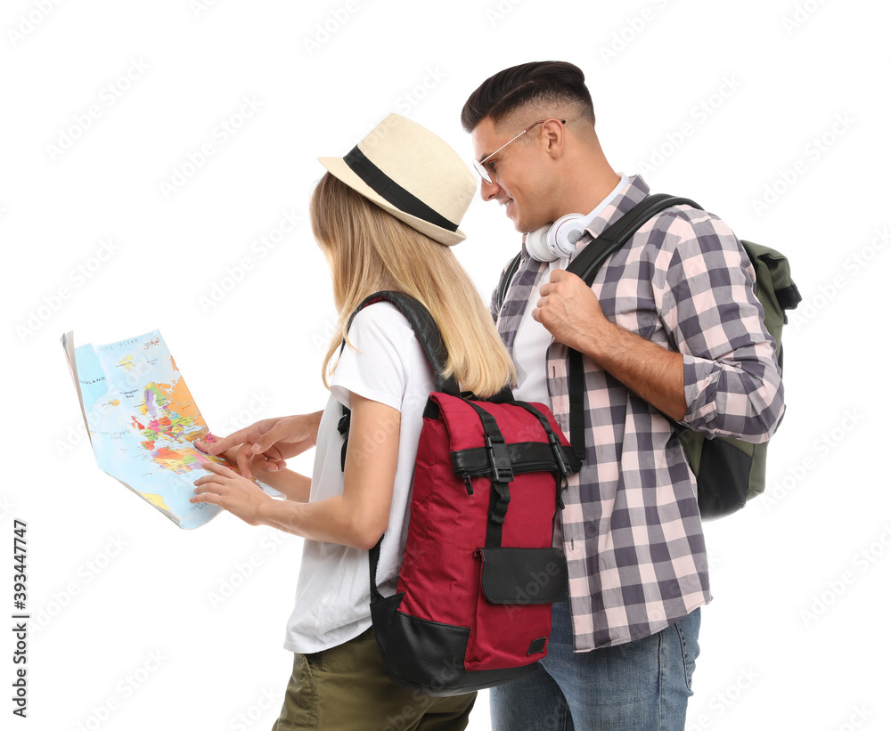 Couple with map on white background. Summer travel Couple with map on white background. Summer travel