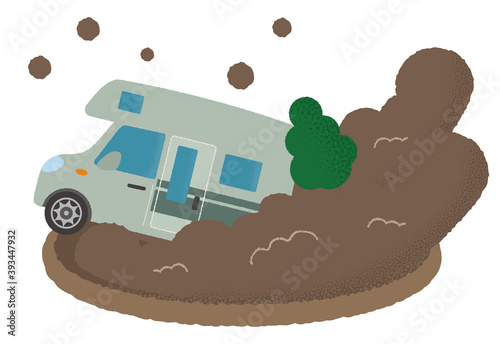 土砂災害に遭うキャンピングカーのベクターイラスト