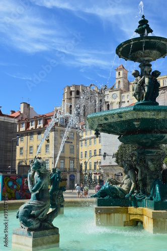 The fountain in the background of the historic district of Lisbon (Carmo Archaeological Museum)