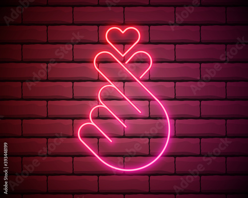 K-POP neon sign. Sign of Finger Heart with colorful neon lights isolated on brick wall. Vector illustration