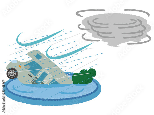 台風の被害に遭うキャンピングカーのベクターイラスト