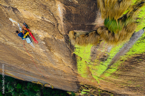 Aerial shot of rock climber on belay