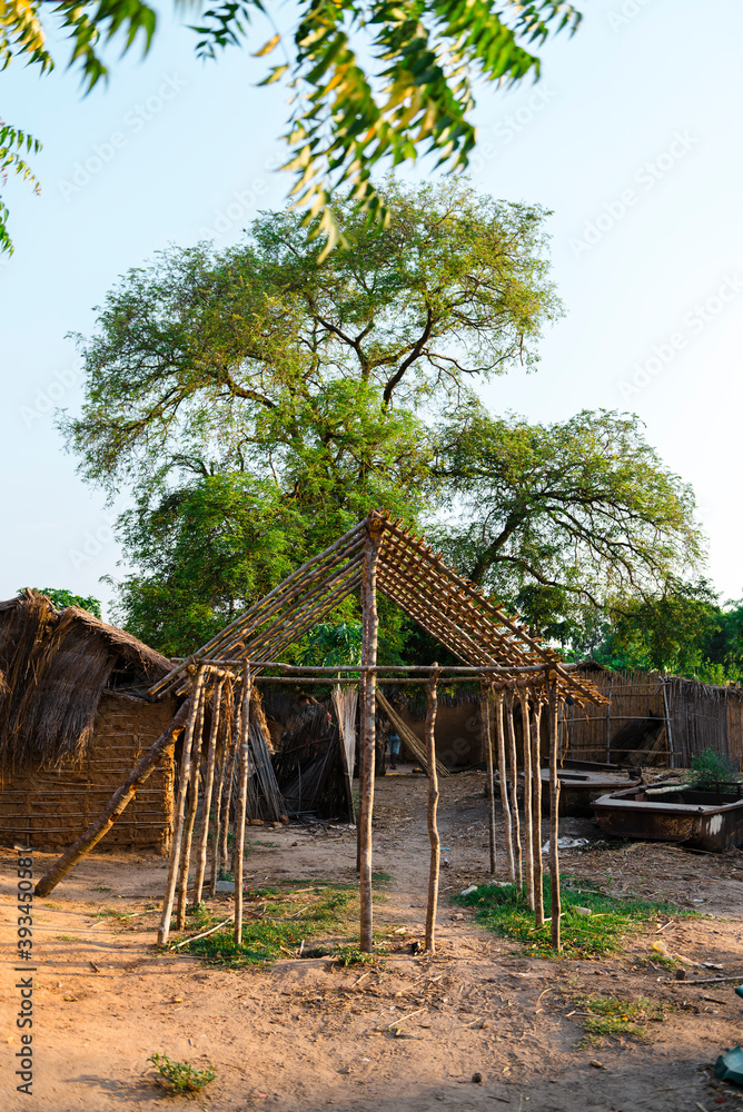 Wooden structure for adobe house in rural town in Madagascar Wooden structure for adobe house in rural town in Madagascar